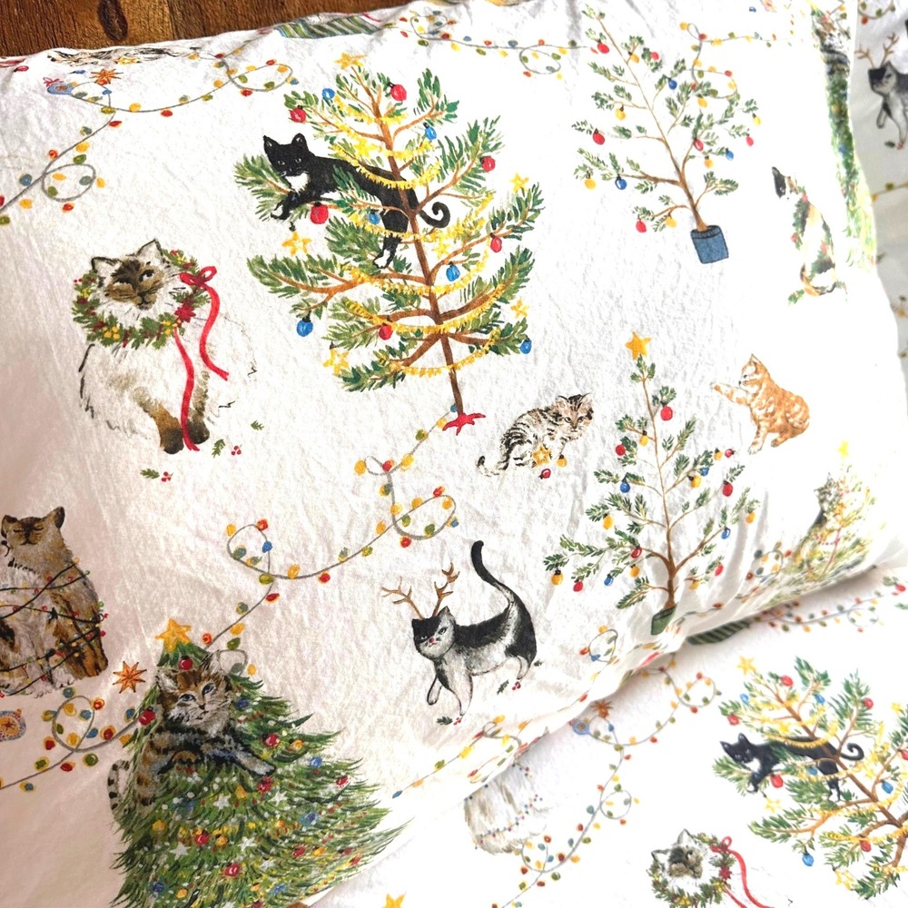Pottery Barn Festive Cats Christmas Holiday Cotton Queen Sheet Set